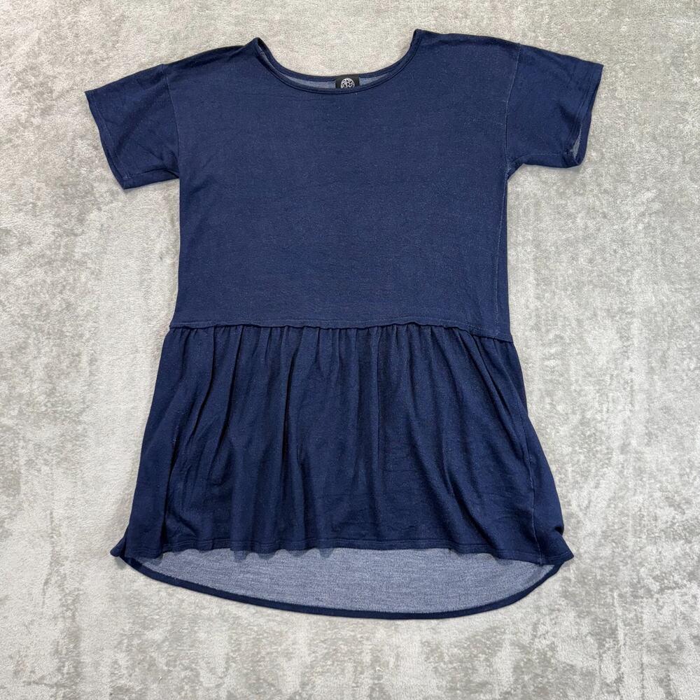 Bordeaux Short Sleeve Drop Waist Women's Large Blue Top‎ Wide Ruffle Knit Hi Low